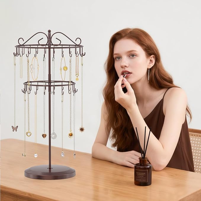 iDavosic.ly 2 Tier Rotating Necklace Holder Organizer with 42 Hooks, Adjustable Metal Bracelet Display Stand Rack, Extra Tall Keychain Spinning Tree Tower for Women, Espresso Brown