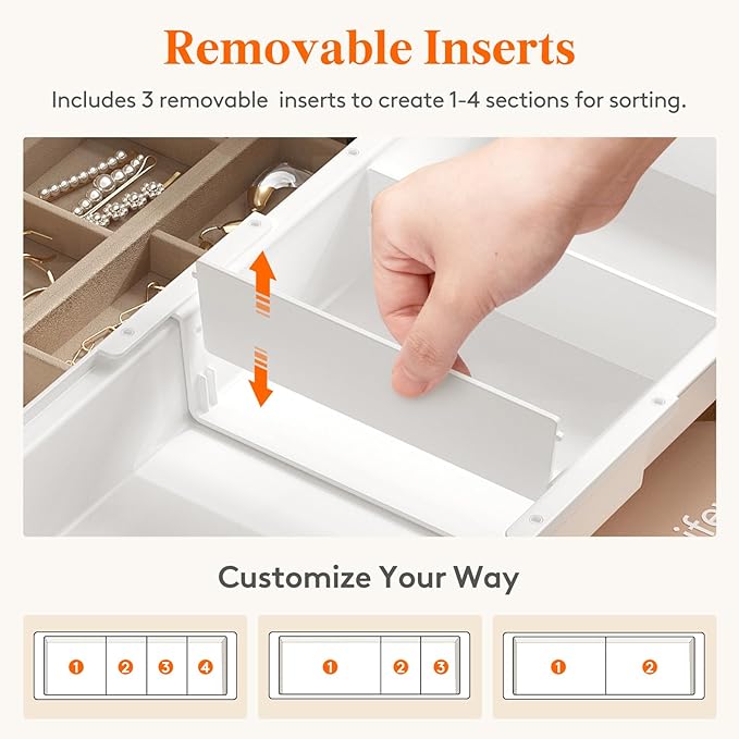 Lifewit Sliding Makeup Drawer Organizer Trays with Inserts, Extendable Hanging Desk Drawer Divider, Fits 13-20" Deep Drawers, 1.8" High Plastic Organizer Tray for Vanity, Office, Kitchen, White