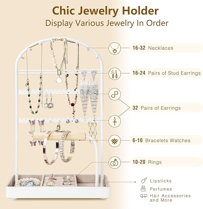 Multi-Functional Jewelry Holder Organizer Necklace Display Stand Velvet Lined Bar for Rings 2 Tier with 18 Hooks, 32 Earring Holes - Sturdy and Durable, Easy Organization White