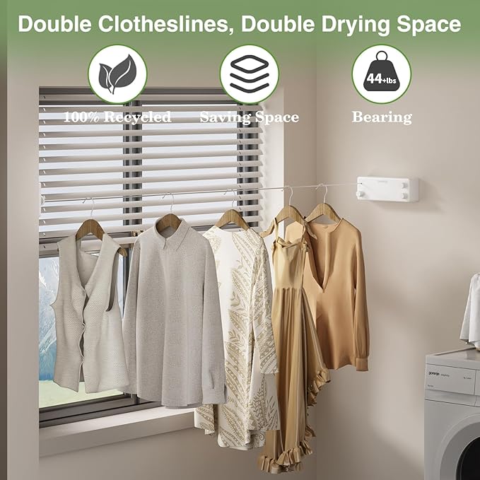 Danpoo Retractable Clothesline, 2x13.8ft Stainless Steel Clothes Line for Indoors/Outdoors, Wall-Mounted Laundry Drying with Auto-Lock, Heavy Duty(White)