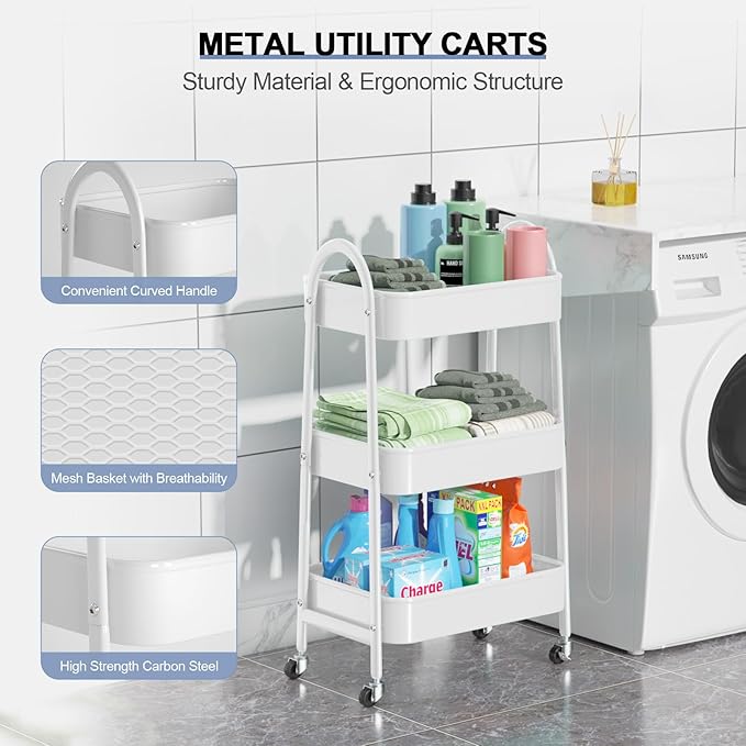 EAGMAK 3 Tier Utility Rolling Cart, Metal Storage Cart with Handle and Lockable Wheels, Multifunctional Storage Organizer Trolley with Mesh Baskets for Kitchen, Living Room, Office, Garage (White)
