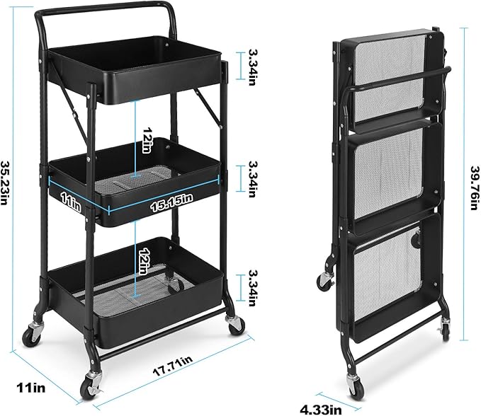 Foldable 3 Tier Metal Utility Rolling Cart, Folding Mobile Multi-Function Storage Trolley Organizer Cart for Home Library Office(Black)