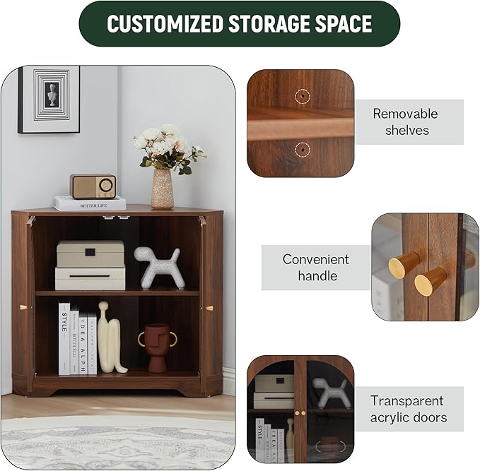 Mid-Century Floor Coner Storage Cabinet, 23" Short Small Wood Coner Cabinet with Adjustable Shelve & Acrylic Arched Mullion Doors for Bathroom, Living Room, Kitchen, Coofee Bar (Walnut)