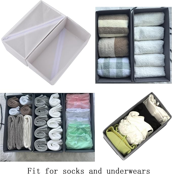 Socks Drawer Organizer Set of 3 Pack Raw White, 11' Small Fabric Underwear Dividers, Closet Cabinet Dresser Storage Boxes for Panties Bra Stockings Leggings