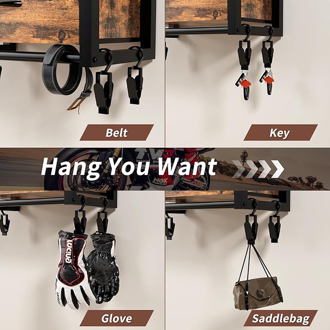 Motorcycle Helmet Holder Wall Mounted, Helmet Holder Wall Mount with Helmets Rack and Hooks for for 6 Helmets, Riding Suits & Accessories, Sturdy Construction Storage Organizer for Entryway or Garage