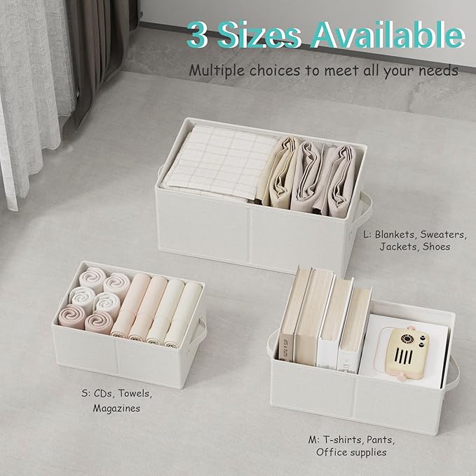 Fabric Storage Boxes for Shelves, 3 Pack Foldable Cloth Bins, Closet Organizers System with 2 Handles, Durable and Sturdy, Saving Space, White & Ivory, 16.1 x 9.8 x 6.5 In, XSNY11WM-3