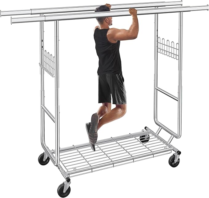 Heavy Duty Clothes Rack Load 620 Lbs, Double Rod Rolling Clothing Rack With Sturdy Wheel And Shelves，Adjustable Portable Hanging Rack For Clothes,Silver Stainless Steel