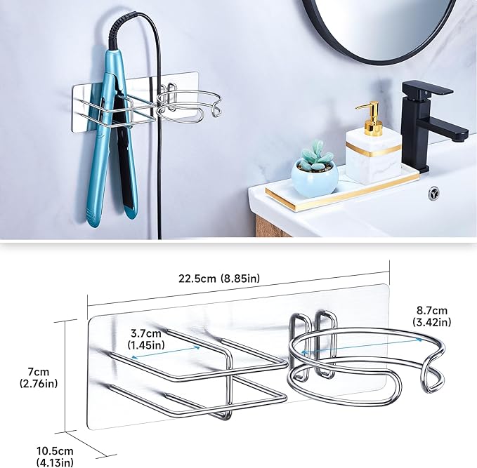 Hair Straightener Holder Hair Dryer Holder Wall Mounted, Blow Dryer and Curling Iron Holder, Blow Dryer Holder Wall Adhesive, Hair Dryer and Straightener Holder for Bathroom Salon (Silver)