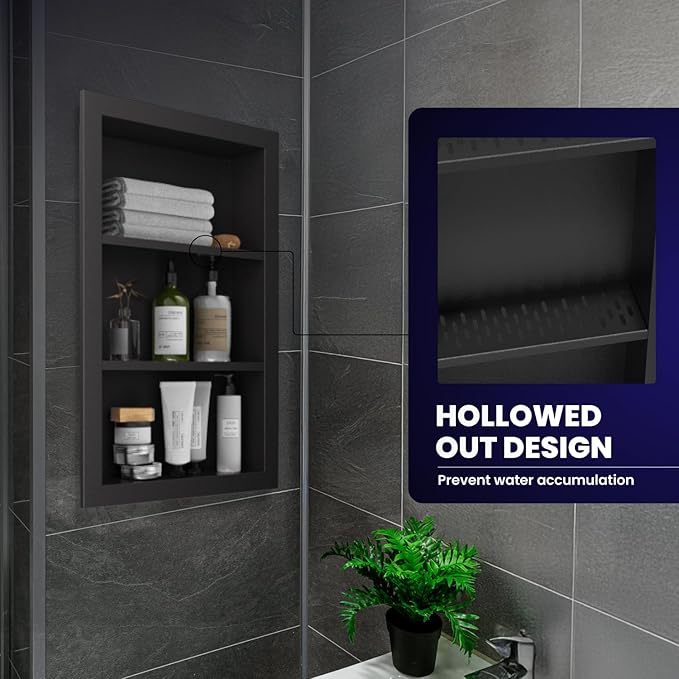 14" x 24" Stainless Steel Shower Niche, 3-Tier Waterproof Shelves, No-Tile Needed Bathroom Organizer, Rustproof Wall Shelf for Shampoo, Soap & Toiletries, Black