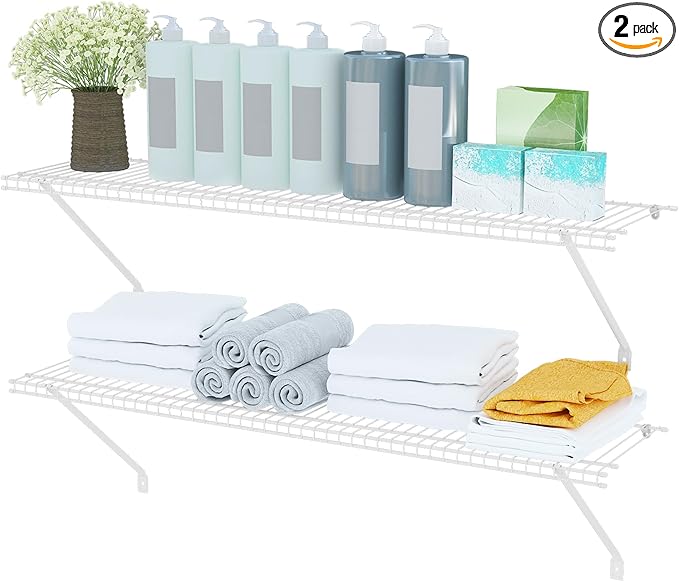 Closet Shelves Wall Mounted, 2 Pack 4 ft x 12 in White Wire Shelving Kit, Metal Wall Shelf Organizer for Home, Pantry, Laundry Room Storage