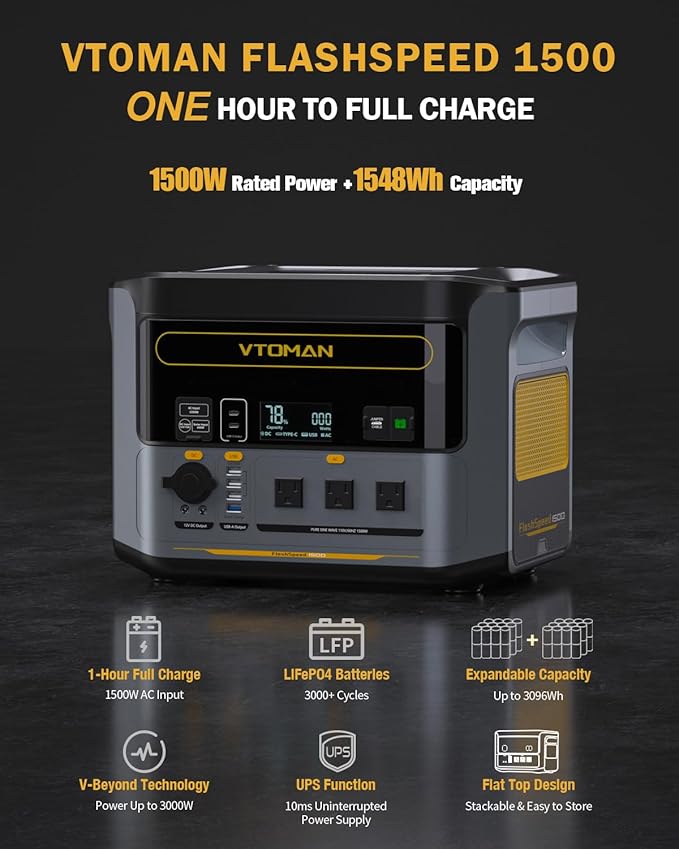 VTOMAN FlashSpeed 1500 Portable Power Station 1548Wh - Recharge 0-100% within 1H, LiFePO4 Battery Powered Solar Generator with 110V/1500W AC Output/Input, 100W USB Port for Camping, Home Backup