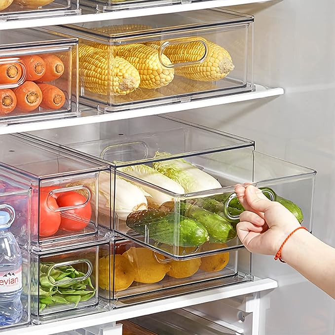 Eanpet 4Pack Stackable Refrigerator Organizer Bins Pull Out Drawer Large Vegetable Fruit Storage for Fridge Organizer Drawers with Handle Clear Food Storage Container Box for Kitchen Pantry Cabinet