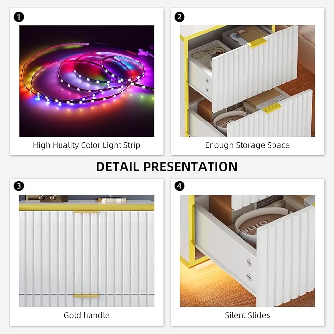 White Nightstand, Fluted End Table with LED Lights, Modern Nightstand with Floating Base, Bedside Table with Storage, End Table with Drawers for Bedroom, White and Gold