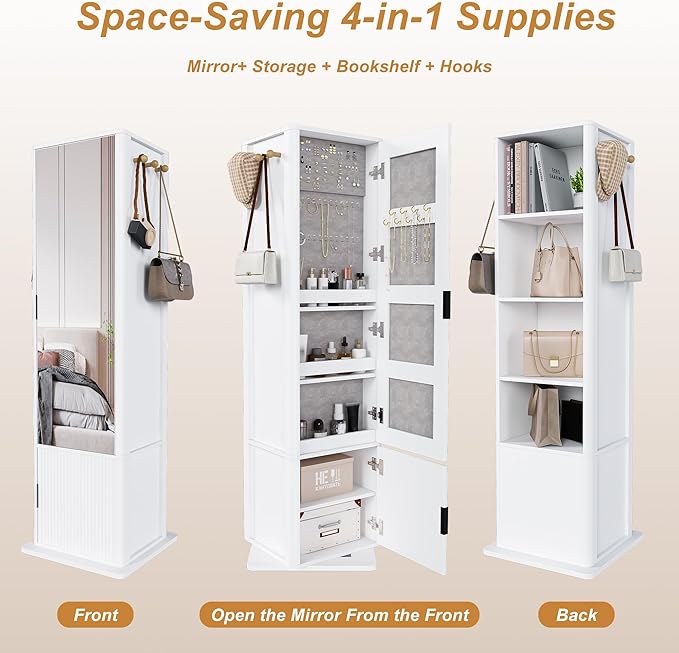 Montary 360° Rotating Makeup & Jewelry Cabinet with Full-Length Mirror - Standing Storage Organizer with Coat Rack, 4-Tier Open & Built-in Shelves, White