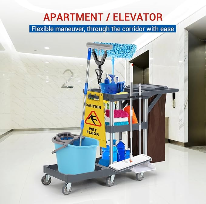 Cleaning Cart, Heavy-Duty Rolling Service Cart with 3-Tier Shelves & Hooks, 300 Lbs Capacity Mobile Janitorial Cart for Commercial Housekeeping Supplies Storage