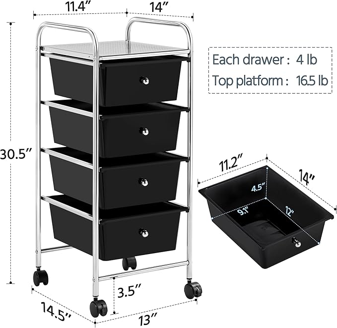 Yaheetech 4 Drawers Cart Rolling Storage Organizer Metal Frame Plastic Drawers Trolley Organizer on Wheels, Black