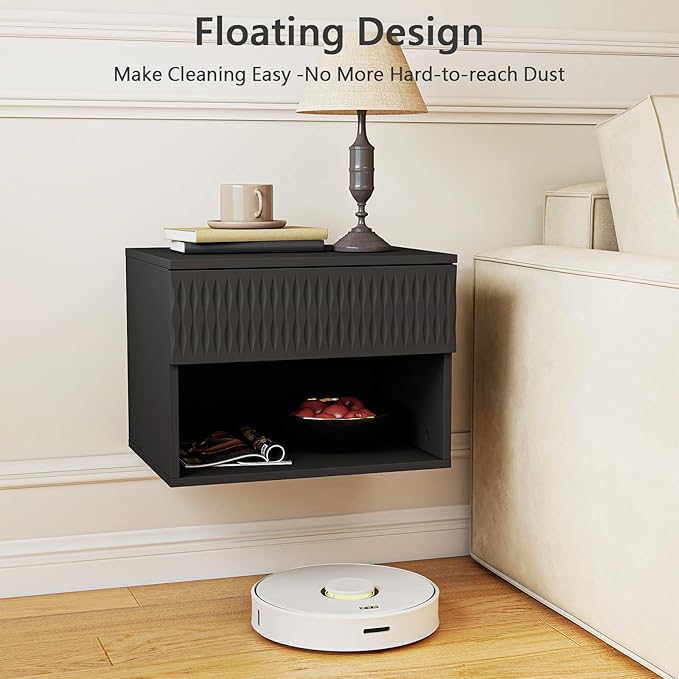 Floating Nightstand Set of 2,Modern Bedside Tables for Bedroom,Small Night Stands with Drawer and Open Shelf, Wall Mounted End SideTables Set for Living Room