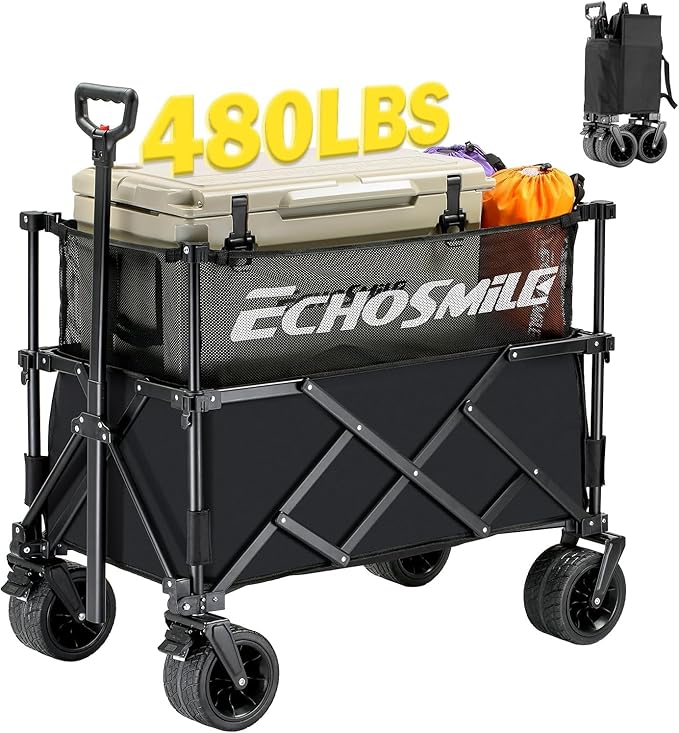 EchoSmile Collapsible Folding Wagon Cart with Mesh Fabric - 480lbs Capacity 2-in-1 Heavy Duty Utility Wagon for Camping, Beach, Grocery &Shopping