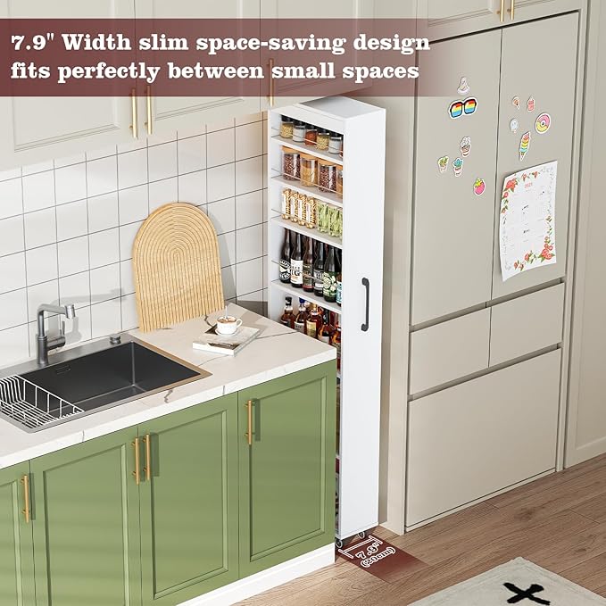 70" Tall Wooden Slim Storage Cart, 7 Tier Kitchen Rolling Cart with Handle & Wheels, 7.9" W Narrow Bathroom Utility Cart for Small Spaces Kitchen Laundry Narrow Places, White
