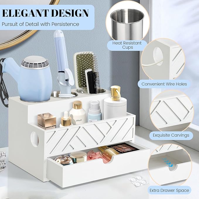 Hair Tool Organizer, Hair Dryer Holder with Drawer, Bathroom Countertop Organizer for Bathroom Accessories, Blow Dryer Organizer for Hair Styling Tools, Vanity Organizer for Bathroom, Vanity, Kitchen