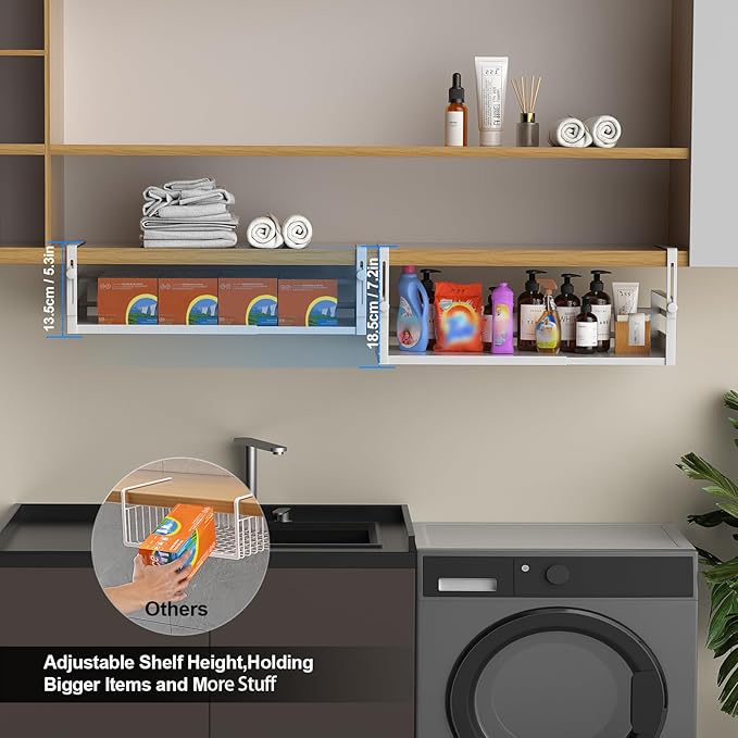 2Pack Under Shelf Basket Organizer, Adjustable Under Cabinet Shelf Storage, Hanging Holder Length Stretchable 13-21Inch for Kitchen Pantry Desk Counter Bookshelf Cupboard (White)