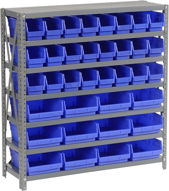 Global Industrial 7 Shelf Steel Shelving with (36) 4" H Plastic Shelf Bins, Gray Frame & Blue Bins, 36" W x 12" D x 39" H, Industrial or Commercial Storage, Assembly Required