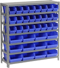 Global Industrial 7 Shelf Steel Shelving with (36) 4" H Plastic Shelf Bins, Gray Frame & Blue Bins, 36" W x 12" D x 39" H, Industrial or Commercial Storage, Assembly Required