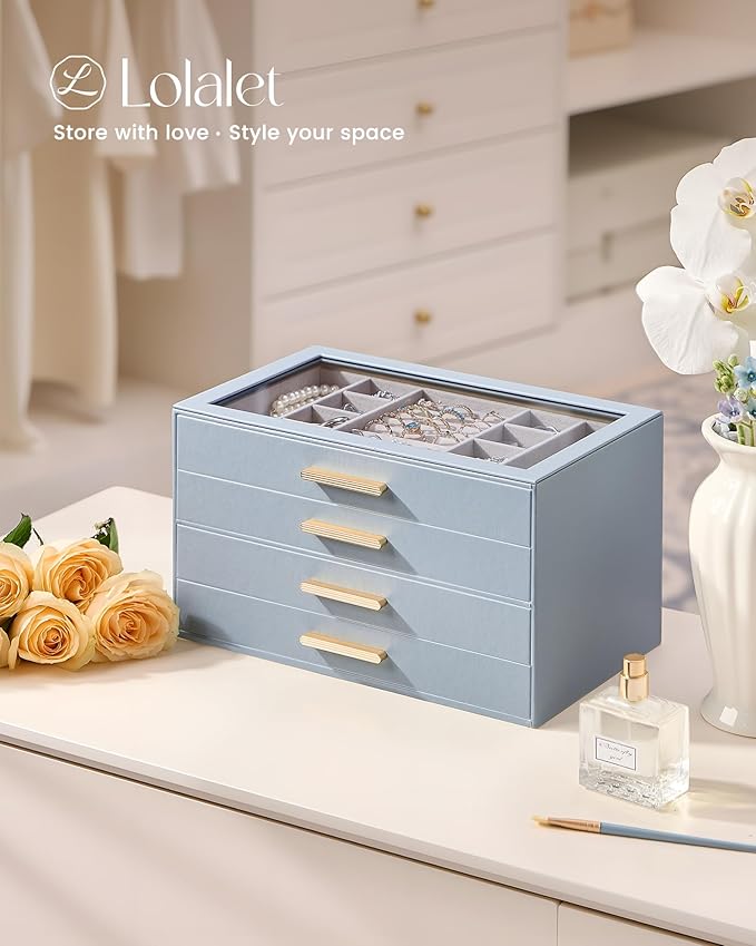Lolalet Jewelry Box Organizer, 4-Layer Jewelry Organizers and Storage Case with Glass Lid, Ring Earring Bracelet Necklace Holder Organizer, Birthday Christmas Gifts for Women Girls -4Layer, HazeBlue