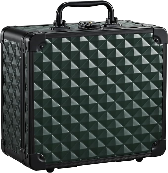 Makeup Box with Magnetic Lighted Up Mirror Makeup Organizer Box Travel Cosmetic Case Portable Vanity with 3 Colors LED MirrorMake up Suitcase with Lockable Keys Dividers Brush Holder Dark Green