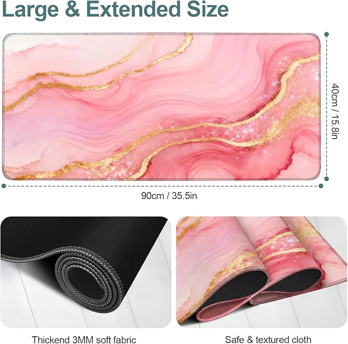 Pink and Gold Stripes Gaming Mouse Pad 35.4"x15.7"Desk Mat Anti-Slip Rubber Base & Durable Stitched Edges for Gamers Smooth Mouse Writing Surface for Desk Office/Home