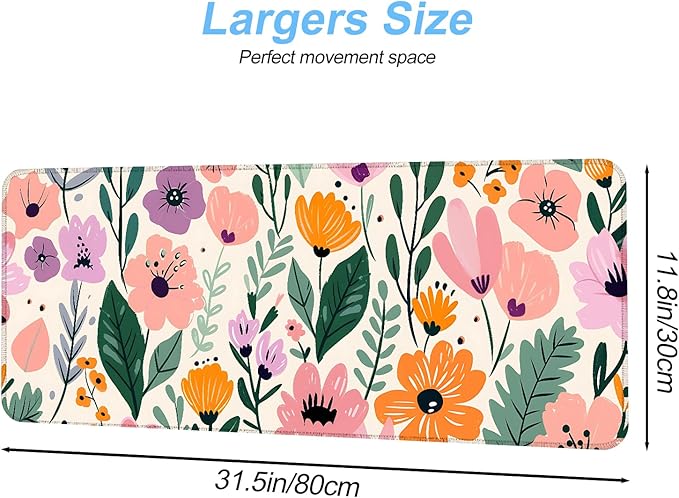 Floral Mouse Pad XXL – Large Extended Desk Mat with Cute Hand-Drawn Flowers,Non-Slip Mousepad for Office, School, Workstation, Gift for Women & Teens, 31.5 x 11.8 in