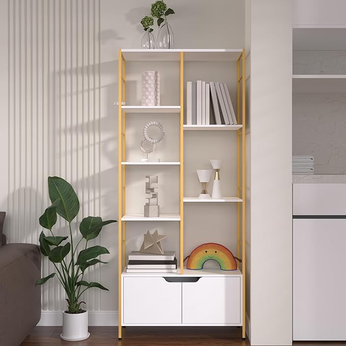 Bookshelf with Doors, 6-Tier Shelf with Storage Cabinet, 67" Tall Open Bookcase for Display, Industrial Retro Bookcase, Freestanding Storage Organizer Bookshelf for Living Room, White