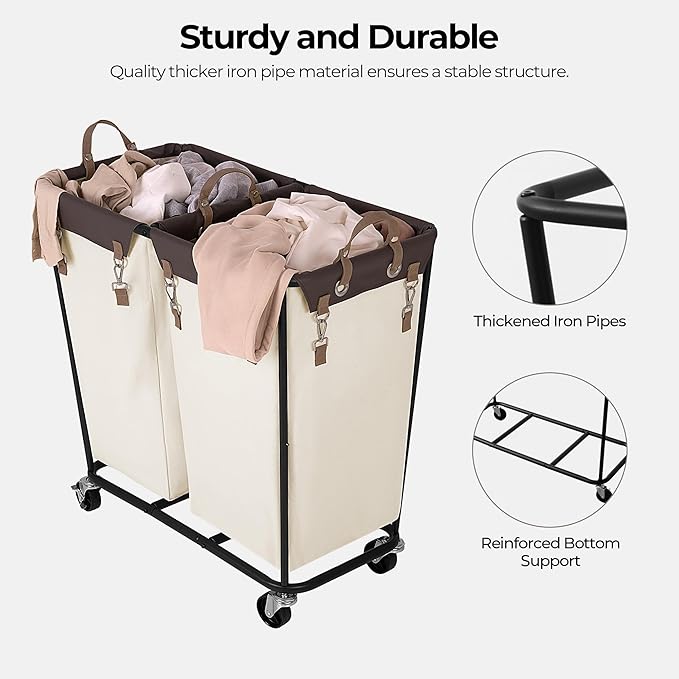 StorageWorks 280L Large Lanudry Hamper with Wheels, Laundry Basket with Wheels 2 Sections, Clothes Sorter Cart with Divider for Hotel, Home, Beige, 1-Pack
