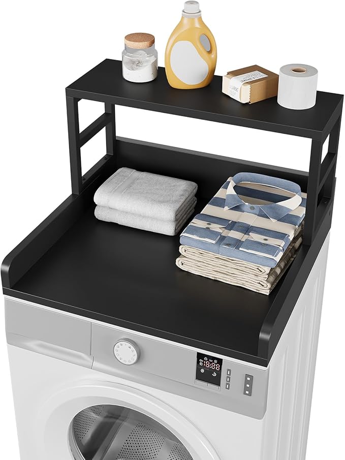 Washer Dryer Countertop with Shelf, 27.5″D x 27.5″W x 16.7″H, Countertop for Washer and Dryer Top with Non-Slip Pads and Edge Rails, Laundry Room Storage and Organization(Black)