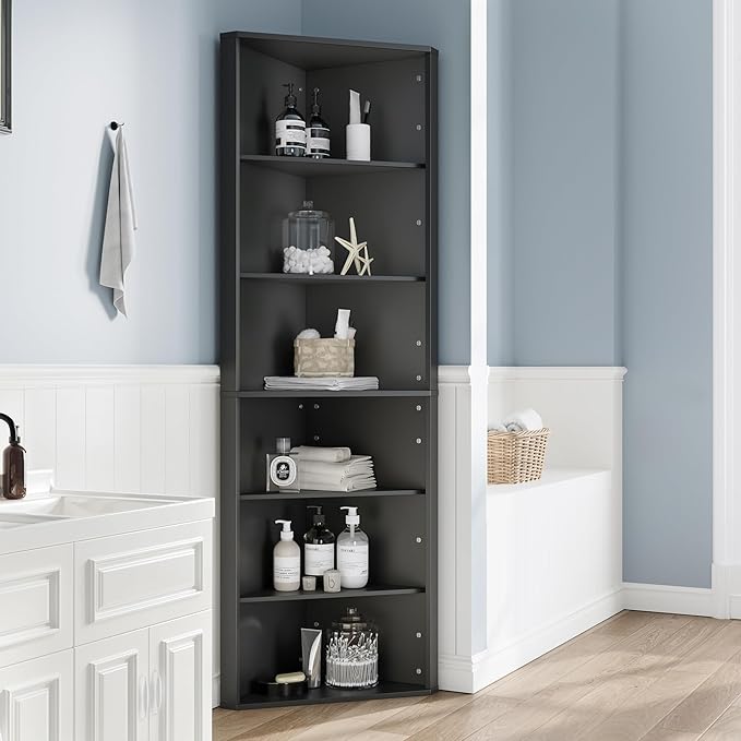 6 Tier Corner Shelf with Adjustable Shelf, 68" Tall Corner Bookshelf Bookcase, Freestanding Corner Display Storage Shelf for Living Room, Office, Kitchen, Bath Room,Small Space, Black