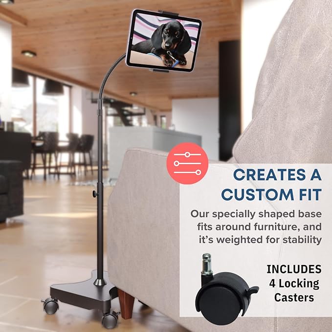 LEVO Adjustable Height Floor Stand on Wheels for Tablet & Phone - Gooseneck Holder Mount with Stable Base - Compatible with All Cell Phones & Tablets (4-13 inch) - Black with Casters
