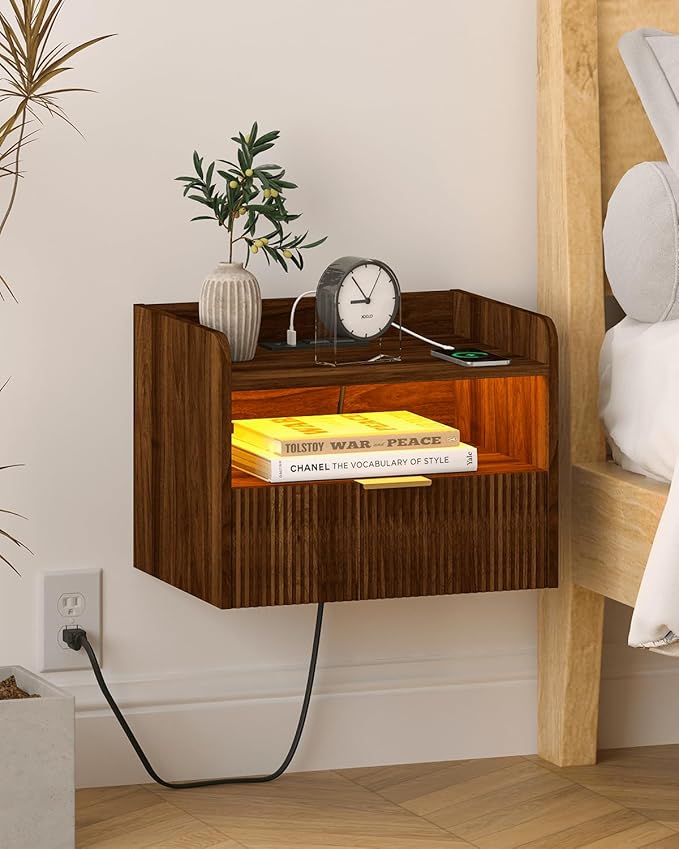 Floating Nightstand with Charging Station and LED Lights (Walnut Brown)
