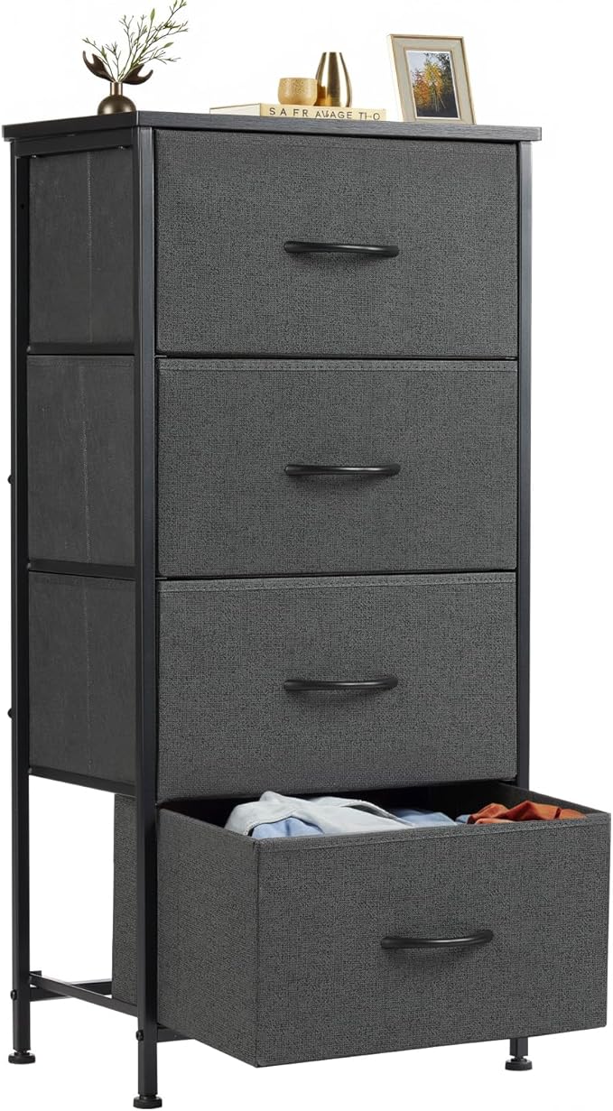 Sweetcrispy Nightstand Small Bedroom Dresser with 4 Fabric Drawers,Bed Side Furniture End Table, Wooden Top Cabinet Night Stand Dresser for Closet, Entryway, Dorm, Grey
