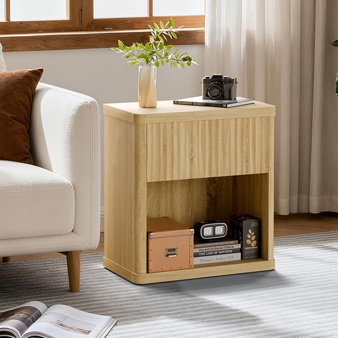 Fluted Nightstands Set of 2, Bedside Tables with Wave Pattern Drawer, Open Shelf & Rounded Corners, Modern Wood End Table for Small Space, Bedroom Decor