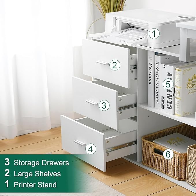 55 Inch Reversible L Shaped Desk with 3 Drawers, White Craft Desk with Storage, Corner Computer Escritorio with Shelves and Monitor Stand for Bedroom, White