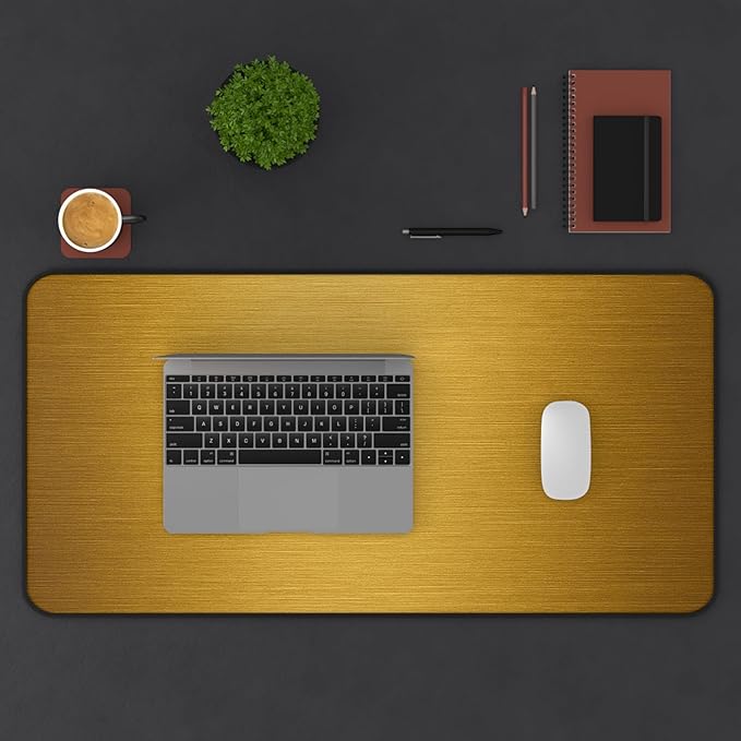 Brushed Metal Texture Desk Mat - Extended Mouse Pad & Desk Pad, Neoprene Surface, Non-Slip Rubber Base, Stitched Edges, Desk Protector for Keyboard & Mouse (Gold, 16x32)