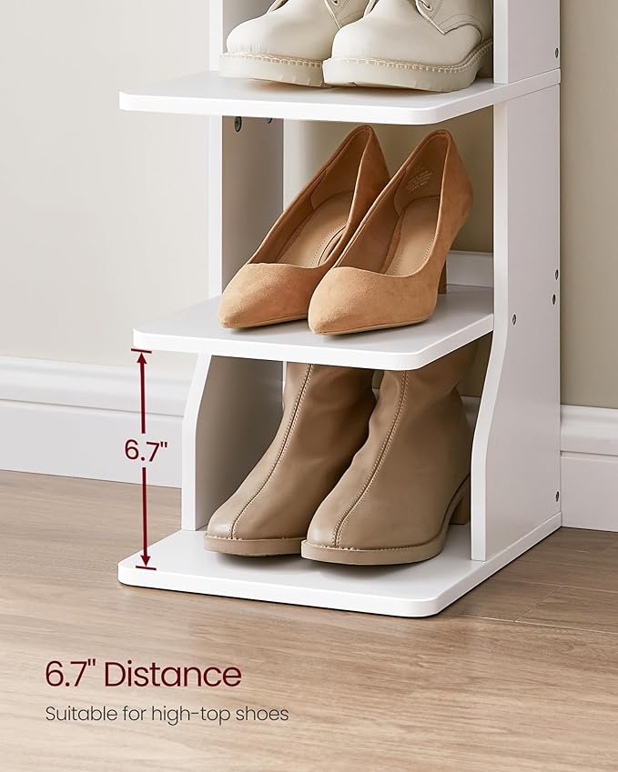 VASAGLE 7-Tier Vertical Shoe Rack, Narrow Shoe Storage Organizer with Hooks, Slim Corner Tower Shelf, Space-Saving for Entryway and Bedroom, White ULBS200T14