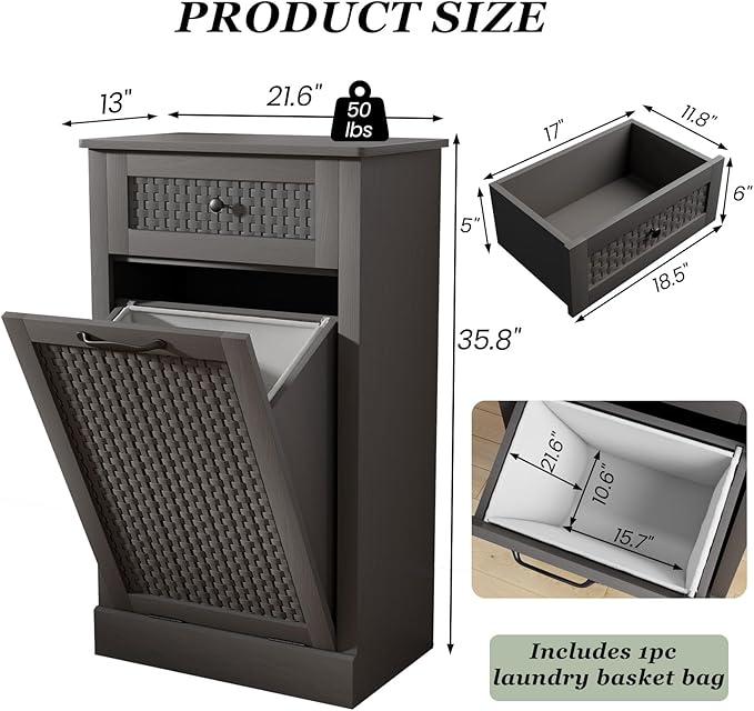 Tilt Out Laundry Hamper Cabinet,10 Gallon Laundry Cabinet with Drawers ＆ Hidden Baskets, Farmhouse Laundry Storage Basket for Laundry Room, Bathroom, Kitchen,Gray