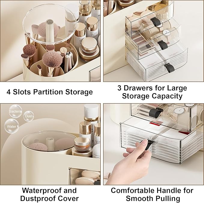 DASITON Makeup Organizer with 3 Drawers,Automatic Lifting Makeup Brush Holder with Lid,Large Capacity Makeup Organizers for Vanity,Bathroom Countertop,Ideal Storage Skin Care,Brushes,Lipstick (Cream)