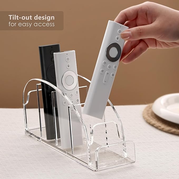 DINGHUO Acrylic 5 Compartments Remote Control Holder, Multi-functional Bedside Couch Living Home TV Remote Holder, Clear Desk Caddy Makeup Pen Organizer for Office Supplies Glasses Media Player