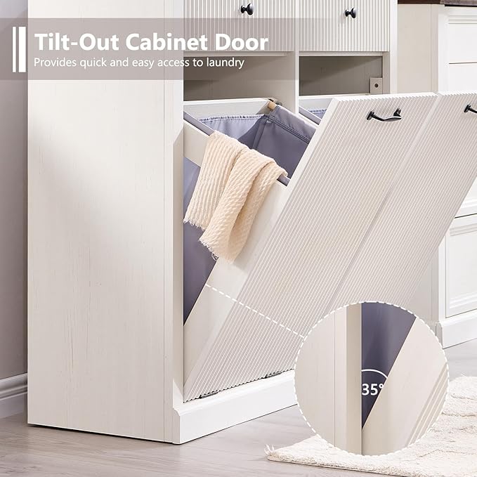 Modern Double Tilt-Out Laundry Hamper Cabinet, 20 Gallon Fluted Trash Can Cabinet w/2 Drawers, Wooden Hidden Garbage Can Cabinets with Laundry Basket, for Bathroom and Kitchen, Antique White