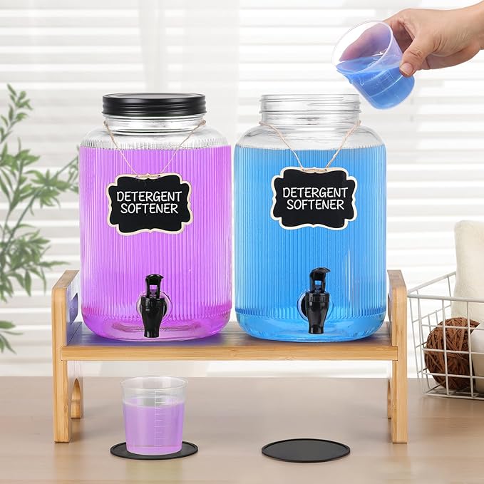 2-Pack Laundry Detergent Dispenser with Bamboo Stand，1 Gallon Laundry Soap Dispenser with Measuring Cup，Glass Laundry Detergent Containr for Laundry Room Organization and Storage