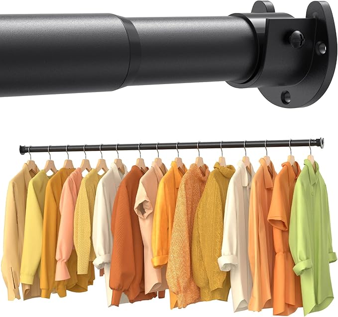 2 Pack Closet Rods for Hanging Clothes, 17-69 Inch No-Cut Stepless Adjustable Closet Rod, 1.3 Inch Heavy Duty Metal Closet Hanging Rod with Brackets, Black Closet Bar for Closet, Laundry Room, RV