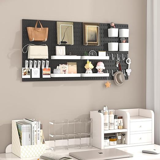 Pegboard Combination Kit, 8 Peg Boards and 30 Accessories Modular Hanging Black Pegboard for Wall, Office Organizer, Keys Holder, Nursery Storage, 44"x22"