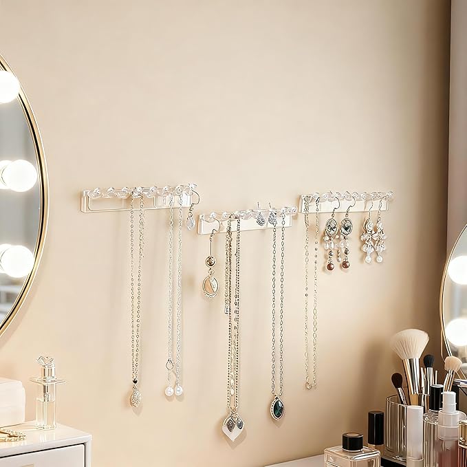 6 Pack Acrylic Necklace Hanger Wall Mounted Necklace Organizer Hanging Jewelry Organizer with 48Hooks for Necklaces, Earrings and Bracelets